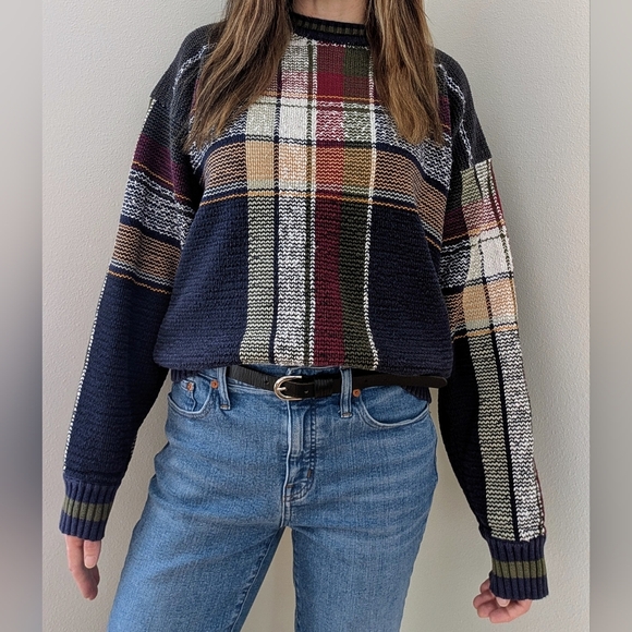 Vintage 90's Chunky Plaid Patterned Crewneck Sweater In Navy/Forest Green - Picture 1 of 9